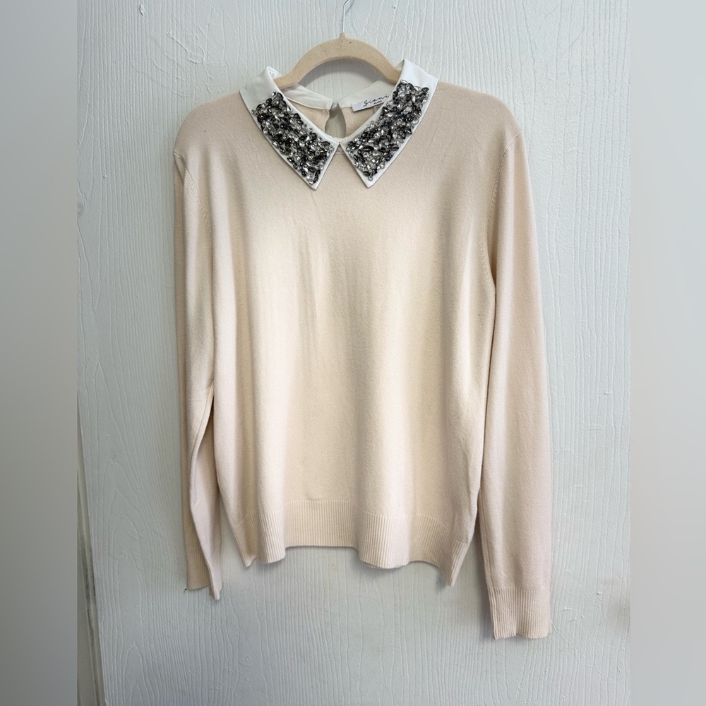 Sioni Embellished Sweater Cream Pale Pink Jeweled Collar Preppy XL Old Money - Picture 2 of 6